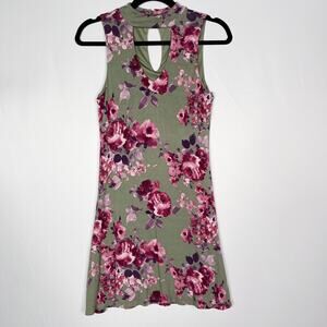 Francescas Alya XS Sage Green Pink Red Floral Keyhole Knit Dress Summer ALine